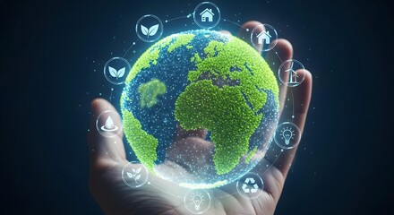 Hand holding a glowing earth with environmental icons, a concept of ecology