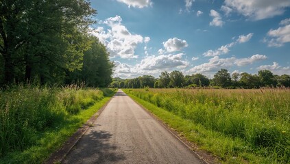 Fototapeta premium A serene pathway surrounded by vibrant green grass, ideal for a calming walk, seasonal change