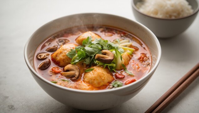 Homemade Tomyum featuring fishballs and enoki mushrooms, a protein-rich meal