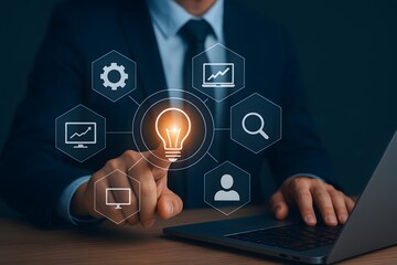 Business Innovation and Technology Concept with Professional Touching Virtual Lightbulb Interface

