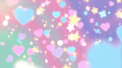 Whimsical fantasy background featuring soft focus pastel hearts, sparkling stars, and gentle bokeh light effects - Powered by Adobe