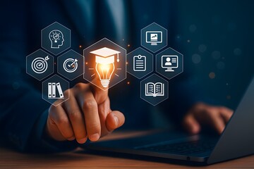 E-Learning and Knowledge Management Concept with Business Professional and Digital Education Icons
