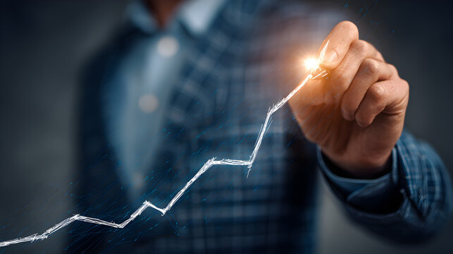 Confident professional drawing a vibrant upward trend graph with a bright light symbolizing success and innovation in business growth.
