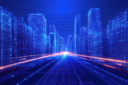 Futuristic digital cityscape with glowing neon blue grid buildings and orange light trails creating a vibrant high-tech urban environment