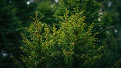Close-up of conifer bush with green spikes, showcasing natural texture and detail
