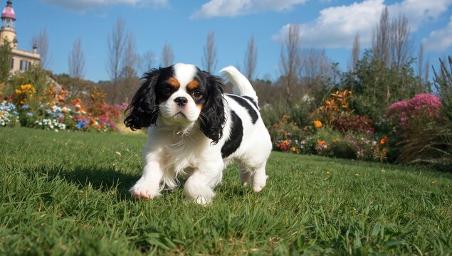Purebred cavalier king charles spaniel frolicking in a sunny park, playful energy