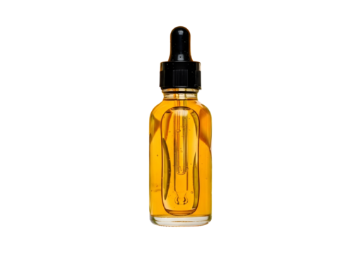 Amber glass dropper bottle with golden liquid isolated on transparent background