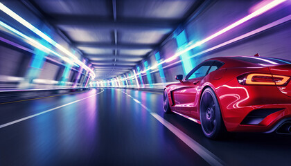 Fototapeta premium Red Sports Car Speeding Through Futuristic Tunnel — Motion Blur, Neon Lights, Fast Driving Concept, Modern Automotive Design