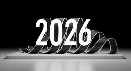 Bold white numbers 2026 emerge from flowing black ribbon on a modern podium, symbolizing the upcoming year and future.