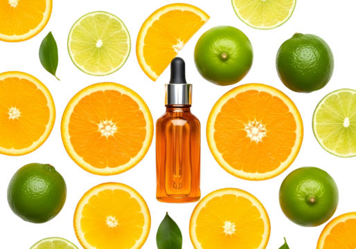 Orange and lime slices with a dropper bottle of serum isolated on transparent background