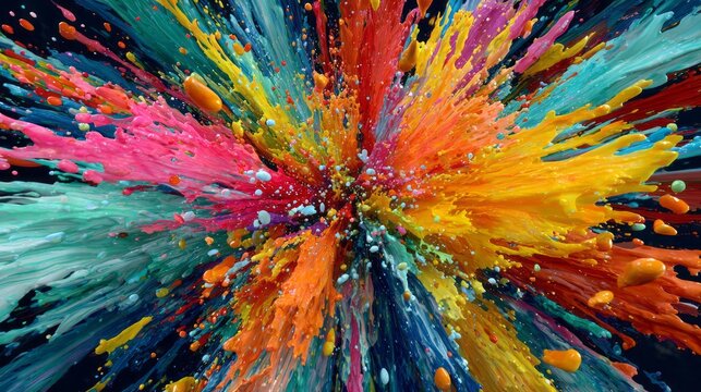 Vibrant paint explosion bursting with color and energy, kaleidoscopic splatter of bright acrylic paints symbolizing creativity, passion, and dynamic artistic expression in abstract motion