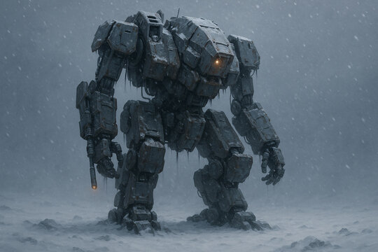 Futuristic mech robot standing guard in snowy tundra landscape, ready for action, showcasing advanced technology in a cold, harsh environment, compelling design