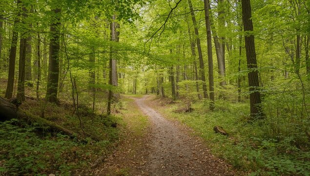 Scenic springtime stroll through lush Danish woods, evoking a sense of adventure and tranquility