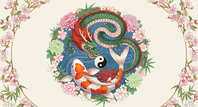 Harmonious convergence: A dragon and koi embody balance amidst floral splendor design