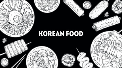 Korean food frame. Hand drawn top view Korean food dishes vector sketch illustration. Bibimbap, tteokbokki, nakji bokkeum, kibap, odeng, corn dog, kimchi