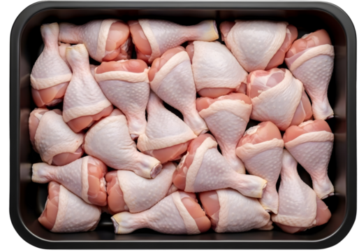 Raw chicken drumsticks in a black tray isolated on transparent background