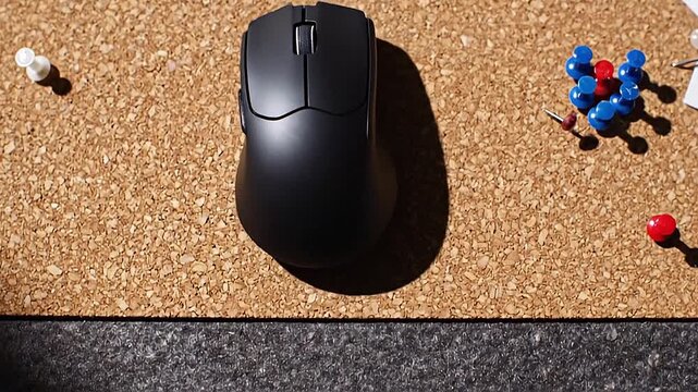 Ergonomic office mouse on felt mat, top-down move across cork corkboard