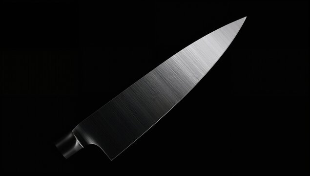 Close-up of a large kitchen knife blade against a dark backdrop