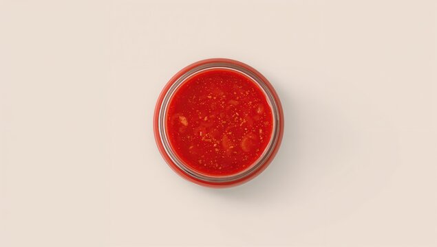 Overhead shot of a jar filled with tomato sauce