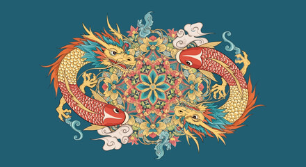 Enchanting oriental illustration with intertwined dragon-fish and mandala pattern creating a