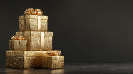 Glittering gold gift boxes with ribbons and bows on a black background. luxurious presents are perfect for celebrating special occasions and adding a touch of glamour.