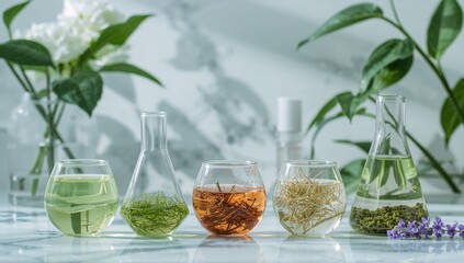 Laboratory research on sustainable skincare using organic herbs and scientific extraction techniques