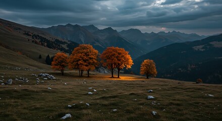 Autumnal Mountain Vista - Trees Ablaze Under a Dramatic Sky.