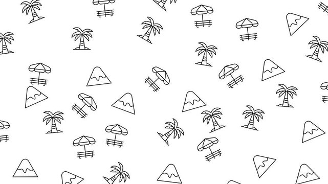 Trees, mountains, beach umbrellas in a random pattern. Perfect for naturethemed designs, travel brochures, website backgrounds, and vacation promotions.