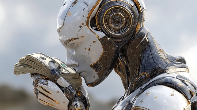 A futuristic AI robot counting money in a digital style