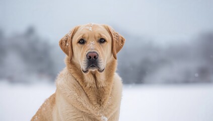 Yellow Labrador dog standing in the snow, showcasing the breed's playful nature, winter season