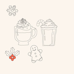 Christmas Drinks and Cookies Icon Set Outline. Cute Winter Hot Chocolate Mug Collection.Christmas doodle hot beverages with holiday decorations.Holiday food outline icons set.Festive Christmas cookies