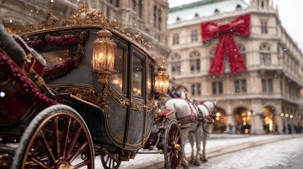 Fototapeta premium A luxurious golden royal carriage pulled by white horses on a snowy city street. The European city is decorated for Christmas. A fairytale, festive atmosphere.