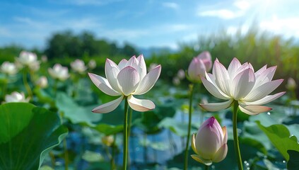 Lotus flowers on water, serene summer landscape, seasonal change