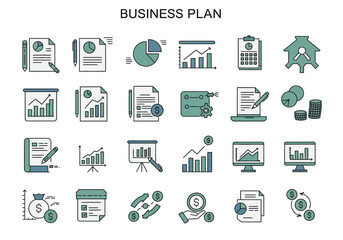 Collection of business and financerelated icons with a consistent color scheme