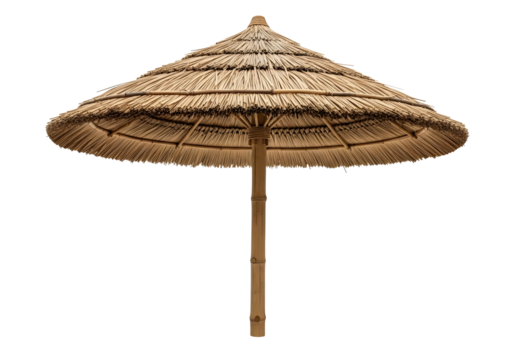 Traditional thatched umbrella with wooden pole isolated on transparent background