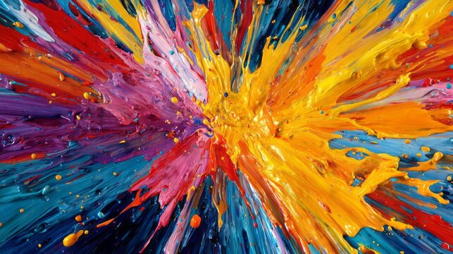 Vibrant paint explosion bursting with color and energy, kaleidoscopic splatter of bright acrylic paints symbolizing creativity, passion, and dynamic artistic expression in abstract motion
