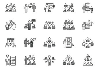 Icons depicting groups of people in various workrelated scenarios