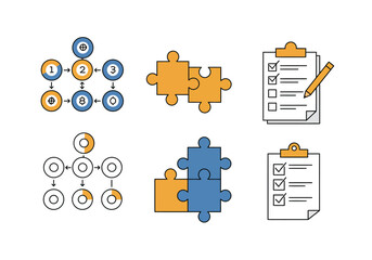 Icons flowcharts puzzles and checklists