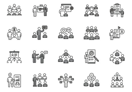 Icons depicting groups of people in various workrelated scenarios