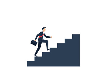 Man in suit climbing dark blue stairs holding briefcase