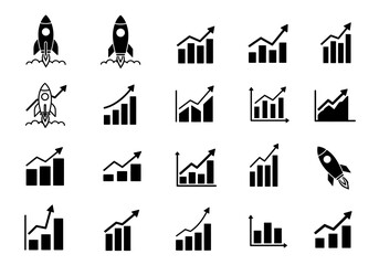 Set of black rocket and bar chart icons on a white background