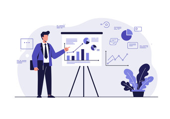 Man in suit points to a business presentation with charts