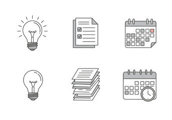 Six icons three lightbulbs two document stacks and two calendars