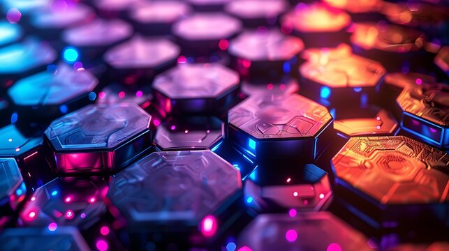 Illuminated hexagons with vibrant colors creating a futuristic arrangement view