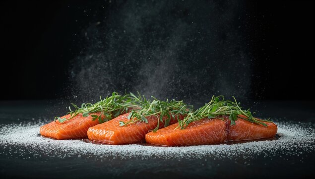 Gourmet chef slicing fresh red fish with herbs in a cool environment, focusing on seafood and wholesome vegetarian dishes on a dark backdrop.