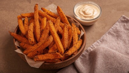 Seasoned sweet potato fries served with a dipping sauce, fiber-dense choice