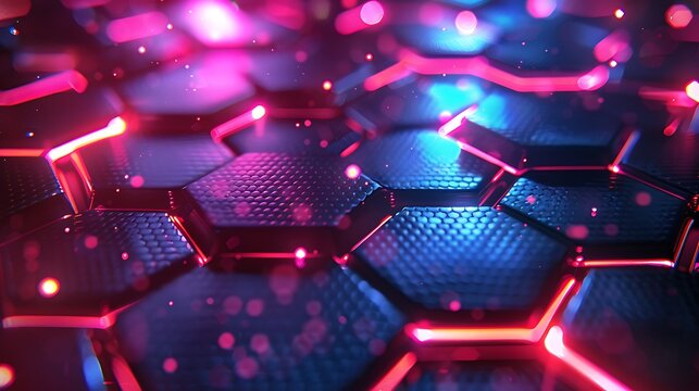 Abstract glowing honeycomb pattern with pink and blue lights and bokeh effects - Powered by Adobe