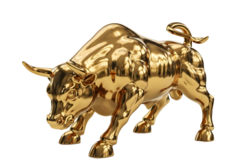 Shiny golden bull statue isolated on transparent background