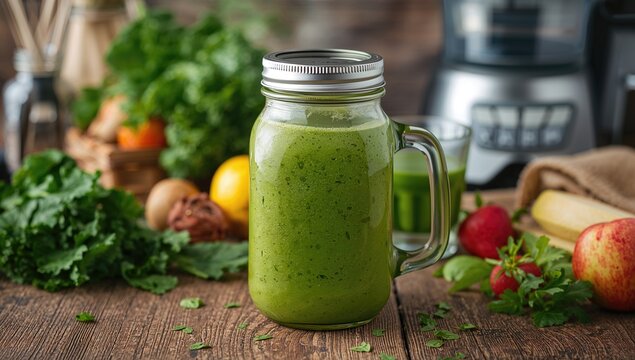Green smoothie in glass jar with ingredients, fiber-dense choice