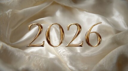 Elegant golden 2026 numeral on soft ivory silk fabric background, perfect for New Year celebrations and future planning concepts.